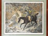 painting of a man riding a horse in a wooded area