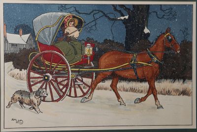 a painting of a horse pulling a carriage with a man in it