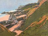 an image of a painting of a view of the ocean from a hill