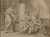 a black and white drawing of a woman sitting on a bed with two other women