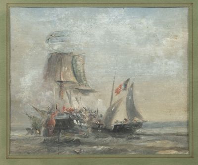 painting of two ships in a body of water with a sky background