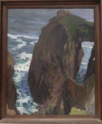 une image représentant une peinture d'une falaise rocheuse au bord de l'océan