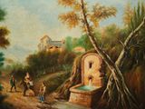 a painting of a man riding a horse next to a well