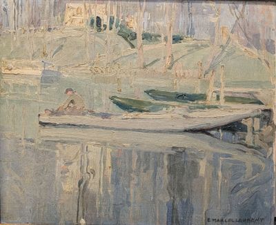une peinture représentant un homme dans un bateau sur l'eau