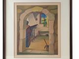 an image of a painting of a man and a dog in a doorway