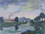 an oil painting of a river with a factory in the background
