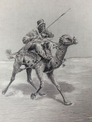 an old drawing of a man riding on a camel with a spear