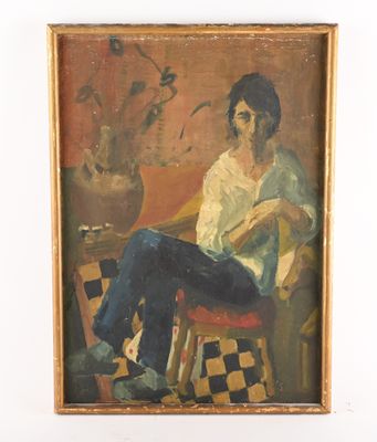 painting of a man sitting on a chair in a room