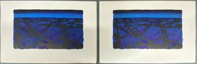 two pictures of blue and black paintings on a white wall