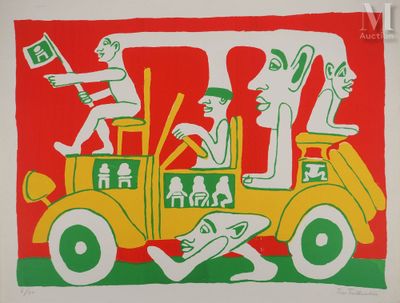 une image représentant un tableau sur lequel figure une voiture avec des personnes à bord