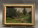 une peinture à l'huile représentant un pont enjambant un ruisseau dans une zone boisée