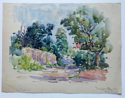 une aquarelle représentant une route avec des arbres au premier plan