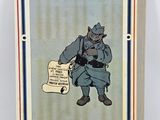 an old book with a picture of a soldier holding a sign