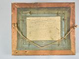 an old picture of a wooden frame with a piece of paper in it