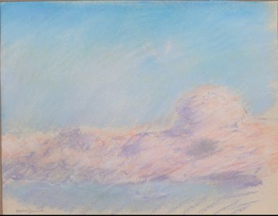 peinture au pastel représentant une montagne au loin, avec un ciel bleu en arrière-plan