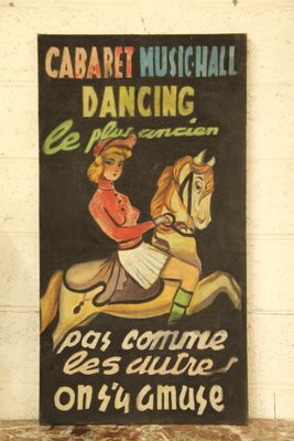 painting of a woman riding a horse in front of a white brick wall