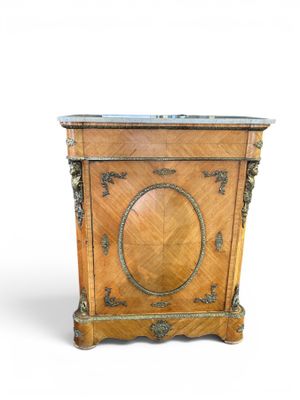 a wooden cabinet with a marble top on a white background
