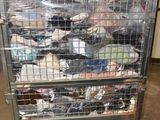 a metal cart with many items in it in a warehouse