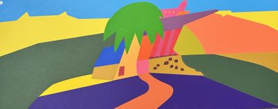 a picture of a painting of a colorful landscape