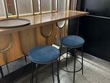 two stools that are sitting in front of a counter