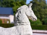 a statue of a horse that is sitting on a wall