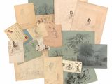 an image of a pile of old papers with drawings on them