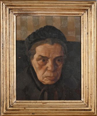 portrait of an old woman in a black bonnet and a brown coat