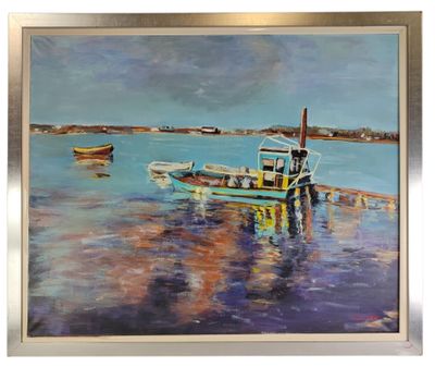 a painting of a boat on the water with other boats in the background