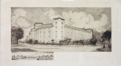 drawing of a large building with a clock tower on top of it