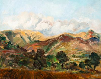 an oil painting of a landscape with mountains in the background