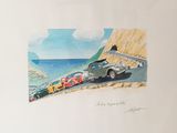 a painting of a car on the side of the road by the ocean