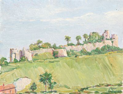 painting of a view of a castle on a hill with trees in the foreground