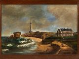 une peinture à l'huile représentant un phare sur une côte rocheuse, avec un homme marchant sur le rivage