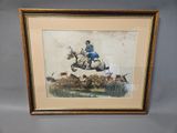 an image of a painting of a man on a horse jumping over a fence