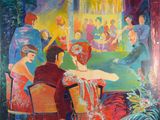 une peinture représentant un groupe de personnes assises autour d'une table