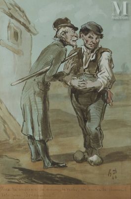 painting of two men standing next to each other in front of a building