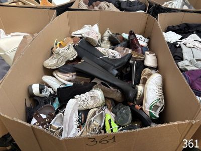 de nombreuses paires de chaussures dans une boîte en carton posée par terre