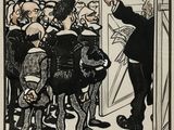 une image représentant un dessin en noir et blanc d'un homme prononçant un discours devant un groupe de personnes