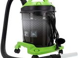 a close up of a green and black vacuum cleaner on a white background