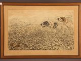 a painting of two dogs in a field of tall grass