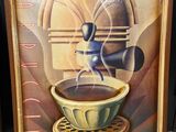 tableau représentant une tasse à café et une soucoupe sur lesquelles figure un homme