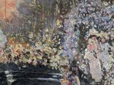 a painting of a horse drawn carriage with flowers on it