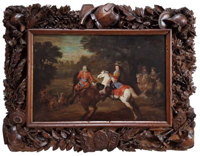 tableau représentant deux hommes à cheval dans un décor boisé