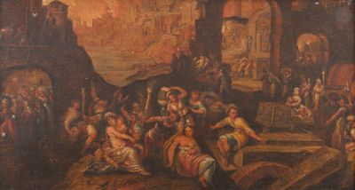 tableau représentant un groupe de personnes dans une grotte