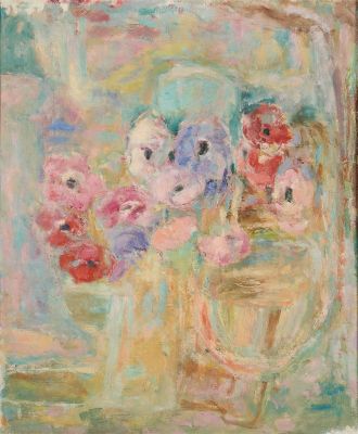 une peinture à l'huile représentant des fleurs dans un vase sur une table