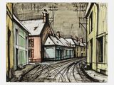 dessin représentant une scène de rue avec des bâtiments et un train sur les rails