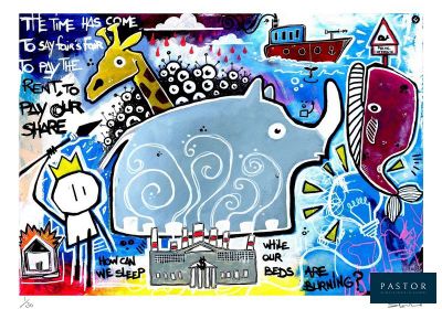 un tableau représentant un éléphant et un poisson accroché au mur