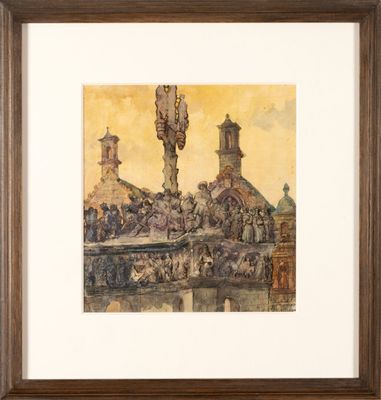 an image of a painting of a city with a clock tower in the background