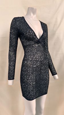 La robe est noire et argentée, avec un décolleté en V et des manches longues.
