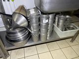 Des casseroles et des poêles sont empilées sur une étagère en métal dans une cuisine.
